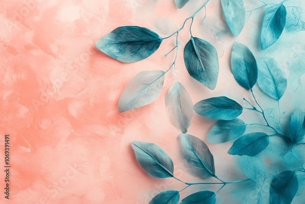 Fototapeta Fond pêche doux avec motifs de feuilles teal pour un design apaisant et naturel..