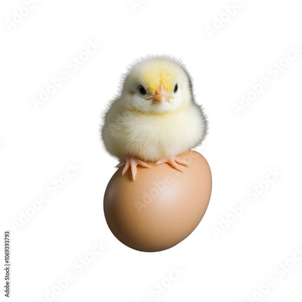 Fototapeta White fluffy chick inside cracked eggshell