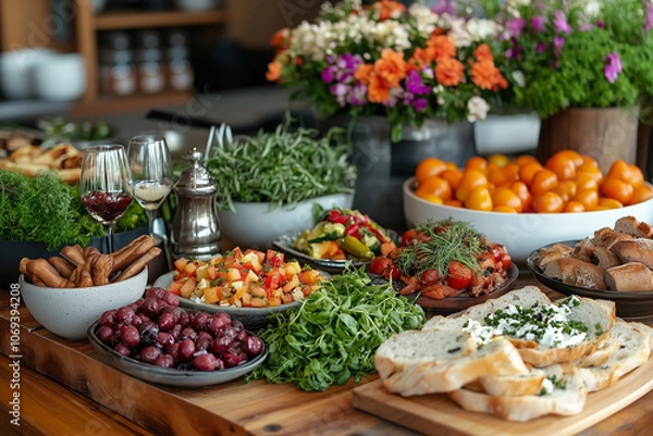 Fototapeta A beautifully arranged dining table showcasing a variety of colorful dishes and fresh ingredients for a delightful brunch gathering