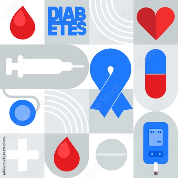 Fototapeta Illustration of World diabetes day awareness concept. Blood drop and blue circle of universal symbol. Support for the fight against diabetes. Modern geometric seamless pattern.