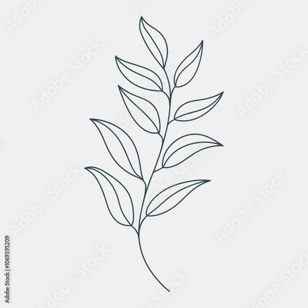 Fototapeta Minimalist line drawing of a leafy branch on a light background, exuding simplicity and elegance.