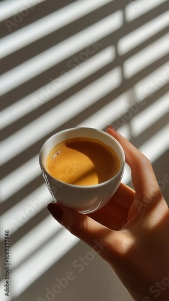 Fototapeta Hand holding a small cup of coffee near window with blinds during daytime