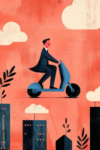 Fototapeta Urban Lifestyle: Businessman's Scooter Commute in Artistic Cityscape Illustration