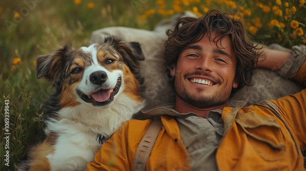 Obraz happy man and his dog