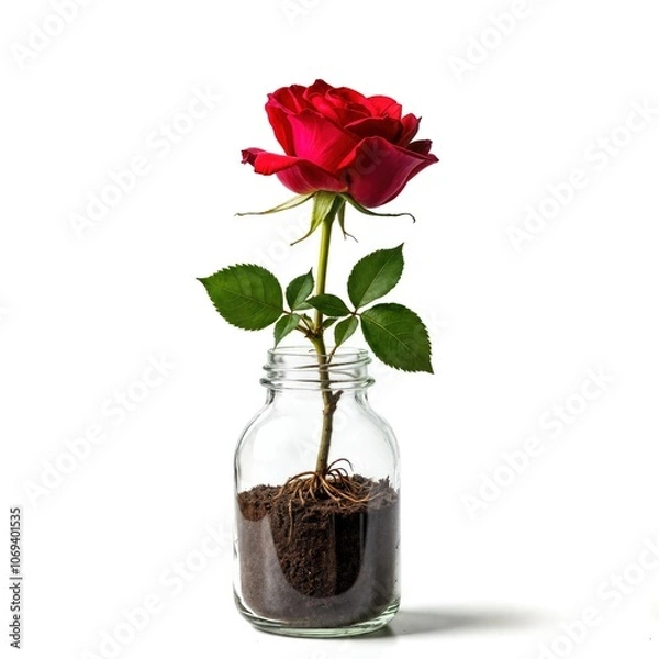 Obraz  Single Red Rose Growing in Mason Jar