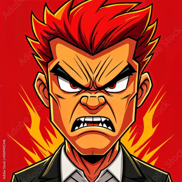 Fototapeta Stylized, animated character with red hair and a fierce expression, set against a vibrant red background with flame-like elements around the head.