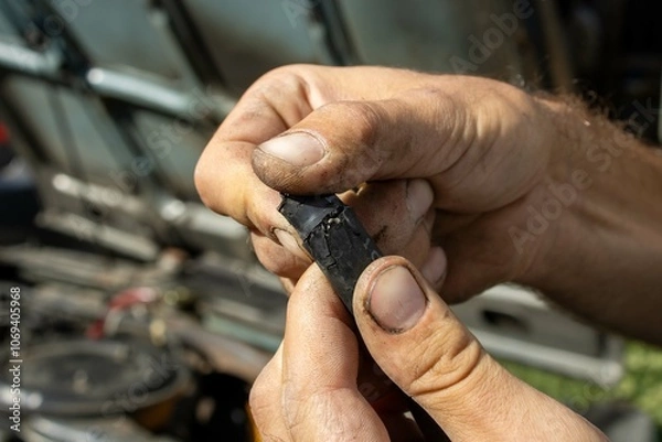 Fototapeta hands of a person working on a car