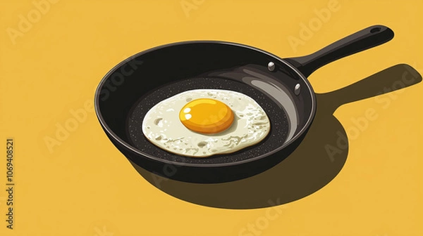 Fototapeta Single fried egg cooking in a frying pan on a yellow background