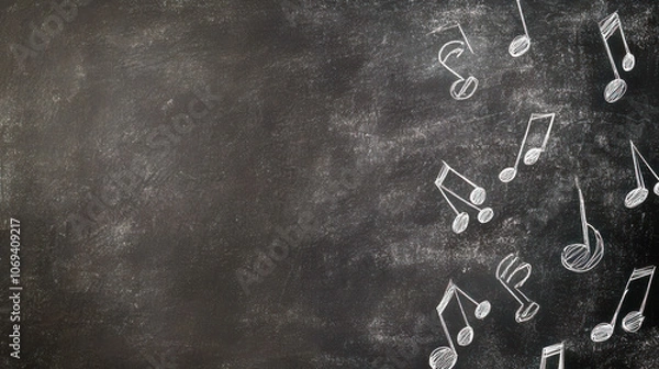 Fototapeta Chalkboard with music notes drawn in white on dark background
