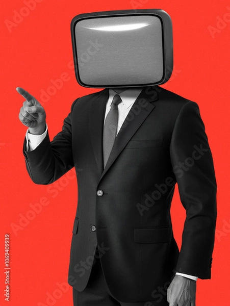 Obraz Retro man with television head on red background. Vintage man with television head. Retro collage featuring a man in a suit with a retro TV for a head. Retro collage for presentation. Pointing Left.