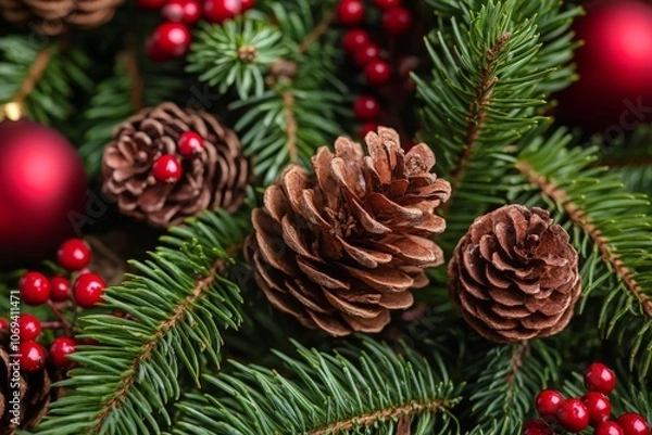 Obraz Traditional holiday decor with pinecones red ornaments and holly set among greenery capturing a rustic cozy Christmas atmosphere with natural elements and seasonal warmth