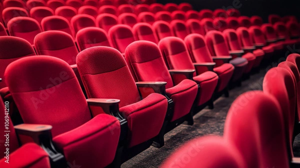 Fototapeta Rows of empty red seats in a theater or auditorium setting