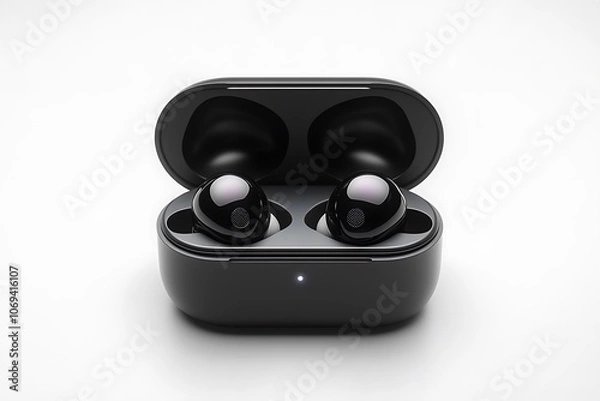 Fototapeta Black wireless earbuds in charging case.