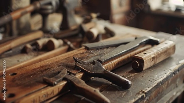 Fototapeta Rustic workshop scene with vintage woodworking tools on weathered workbench