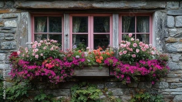 Fototapeta Charming stone cottage with vibrant flower window boxes in summer sun