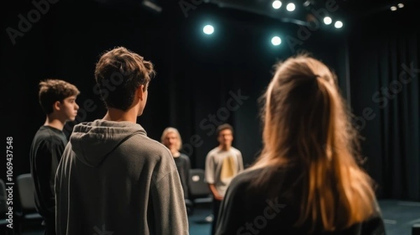 Fototapeta Student theater group rehearsing for upcoming play performance in dramatic setting