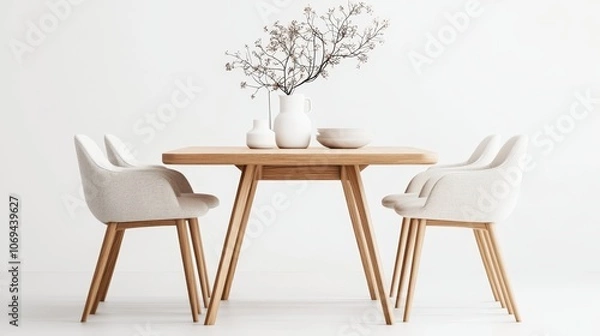 Obraz Minimalist modern dining set with wooden table and fabric chairs, perfect for interior design ads, clean white background