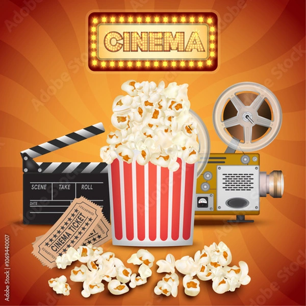 Fototapeta Realistic popcorn on orange background, popcorn concept in cinema and entertainment in cinema. 3D popcorn for Poster design, advertisement, web banner, billboard and etc.