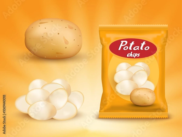 Fototapeta Realistic mockup package of yellow chips package with label isolated on yellow background, foil bags with potato snack, vector illustration EPS 10.