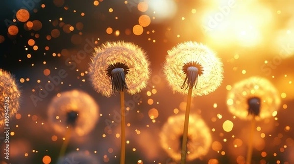 Fototapeta Experience the serene beauty of a golden sunset casting a warm glow over a field of dandelions, perfect for spring allergy season.