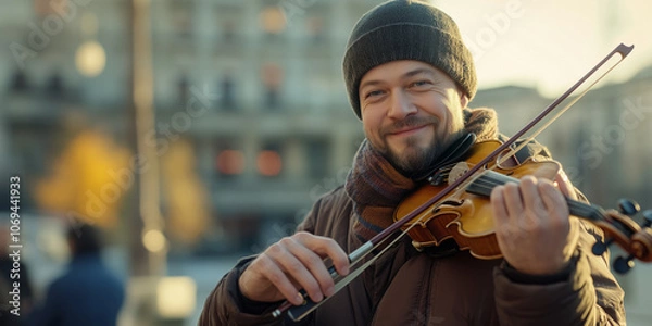 Fototapeta Busker smiling while playing the violin outdoors, on an urban background, passion for street performance