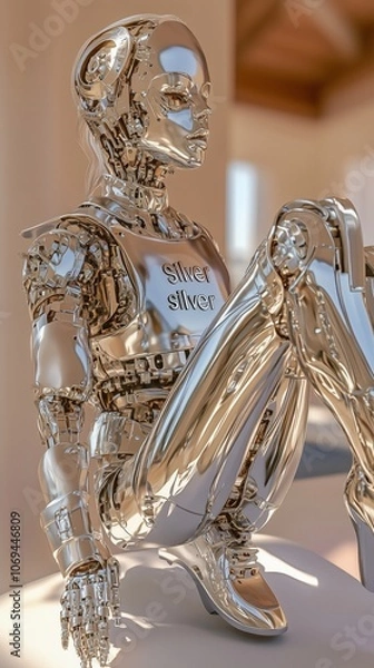 Fototapeta Futuristic silver robot sitting indoors in modern setting