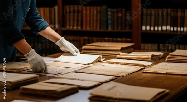 Fototapeta Archivist with white gloves handling old documents in library setting