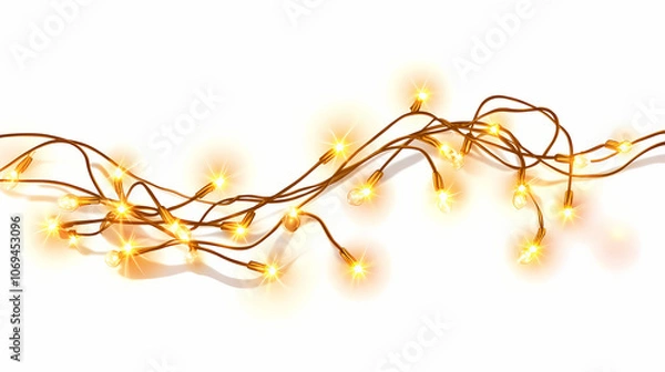 Fototapeta A string of glowing christmas lights with golden bulbs, resting on a plain white background. Ethereal. Illustration