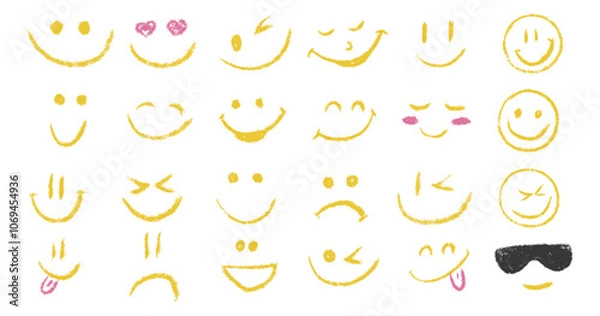 Fototapeta Doodle chalk emoji face icon set. Textured kids hand drawn sketch different emotion emoticons. Mood, happy, sad, love, smiley face with tongue. Pencil crayon drawing comic isolated vector illustration