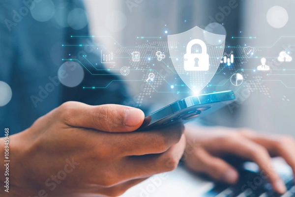 Obraz lock mark cybersecurity internet, protect attacks from a hacker. concept of password privacy on an online system, secure data from crime, virus cyber. cyber security technology digital information.
