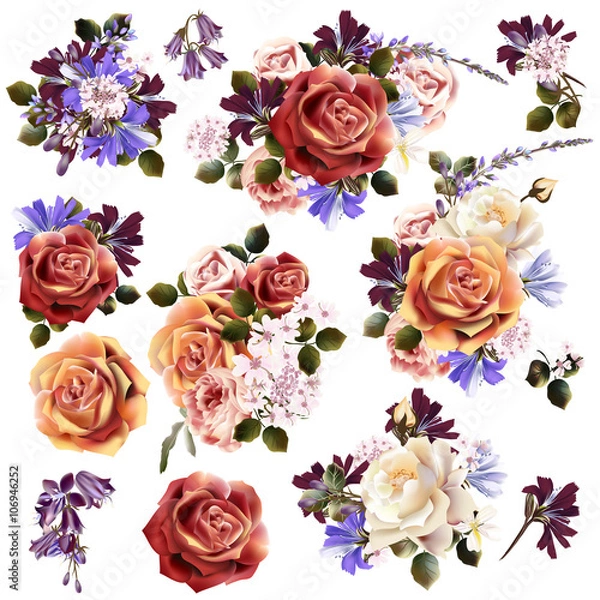 Fototapeta Collection or set of realistic vector flowers for design