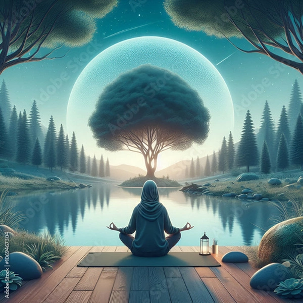 Fototapeta yoga in the lotus position Serenity Under Moonlight: A Meditative Escape”