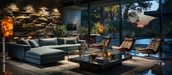 Fototapeta Contemporary living room with large sectional sofa, coffee table, and two chairs facing a large window with a view of a patio and swimming pool with mountains and trees in the background.