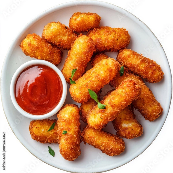 Fototapeta A plate of crispy mozzarella sticks, isolated on a white background, emphasizing a cheesy snack