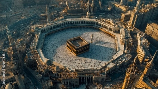 Obraz An aerial view of the Kaaba in Mecca, Saudi Arabia, with people surrounding it.