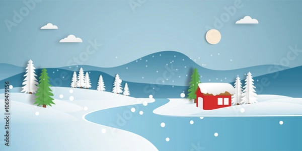 Obraz snowy mountain winter landscape scene paper cut style