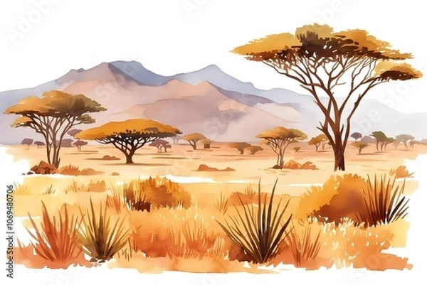 Obraz African landscape illustration. Watercolor sketch of safari. Panorama of african desert with acacia tree, grass and mountains.
