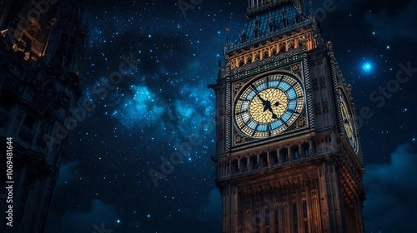 Obraz Big Ben tower with a night sky full of stars.