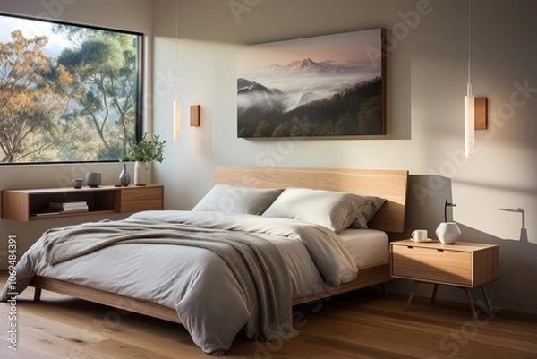 Fototapeta A modern bedroom with a large window, a wooden bed frame, a bedside table, a lamp, and a painting on the wall.