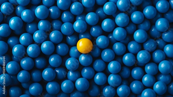 Fototapeta Single yellow ball standing out among many blue balls, creating a striking visual contrast