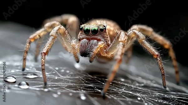 Fototapeta Spider s legs grasping a dewy web, intricate silk lines, macro shot with soft background