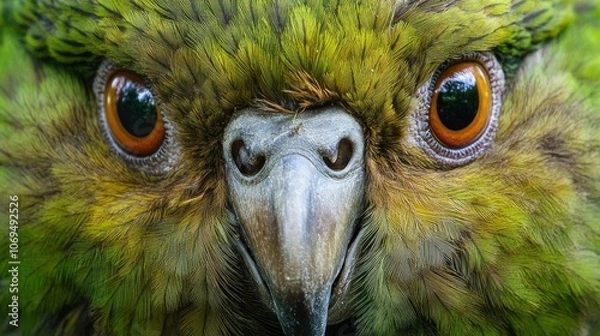 Obraz Close-up portrait of a Kea, a large, green parrot native to New Zealand. Its distinctive orange eyes stare directly at the camera.