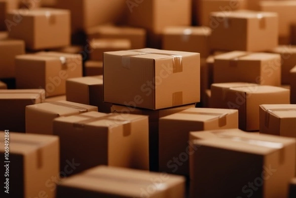 Fototapeta A collection of cardboard boxes stacked and arranged in a warehouse setting.