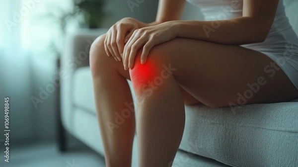 Obraz Close-up of a woman sitting on a couch with her hand on her knee, which is highlighted in red to indicate pain.