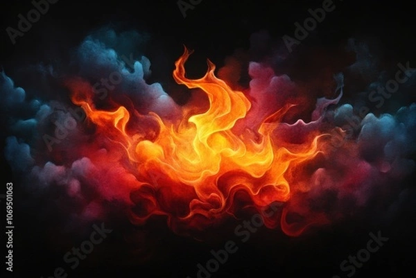 Fototapeta Dynamic flames with colorful smoke on a dark background.