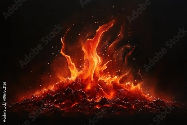 Fototapeta Flames and embers creating vibrant fire on a dark background.