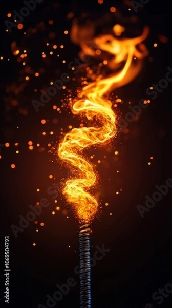Fototapeta Spiraling flames with sparks on a dark background.