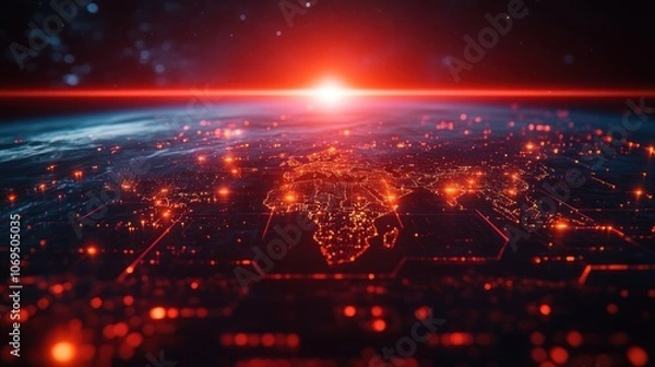 Obraz A stylized depiction of Earth at night, with glowing city lights and a red sunrise.