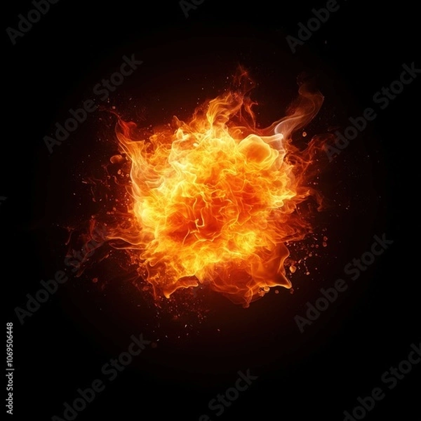 Fototapeta Vibrant fire explosion with dynamic flames and sparks, on a black background.