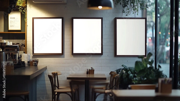 Fototapeta Cozy cafe interior with three empty frames on the wall and minimalist decor in soft lighting